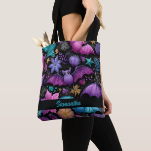 Midnight Garden Halloween Bats and Florals Tote Bag