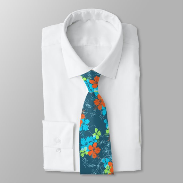 Midnight Garden Hibiscus Floral Two-sided Printed Tie (Tied)