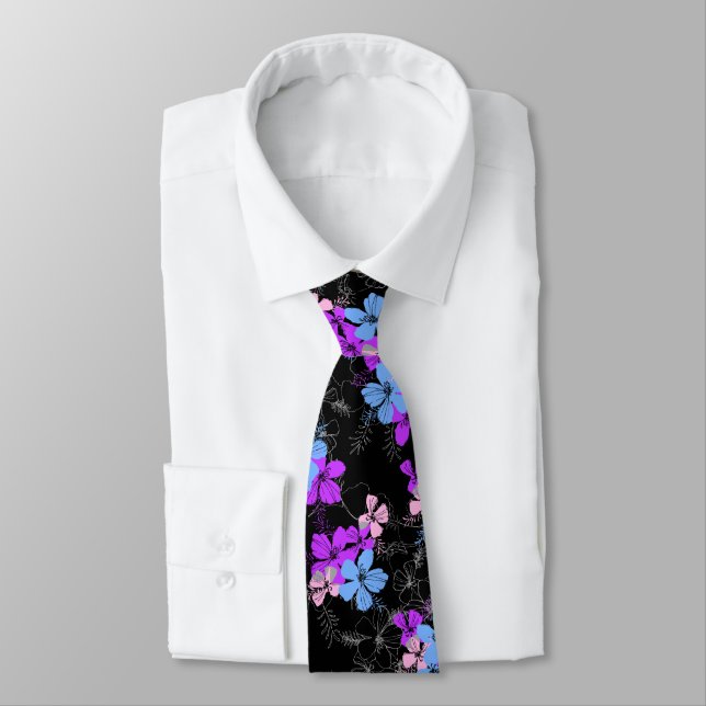 Midnight Garden Hibiscus Floral Two-sided Printed Tie (Tied)