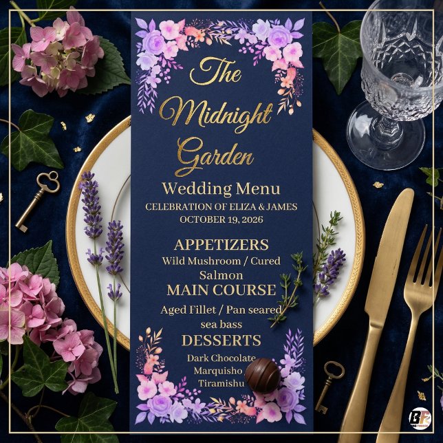 Midnight Garden Navy Blue and Gold Script Wedding Menu (Creator Uploaded)