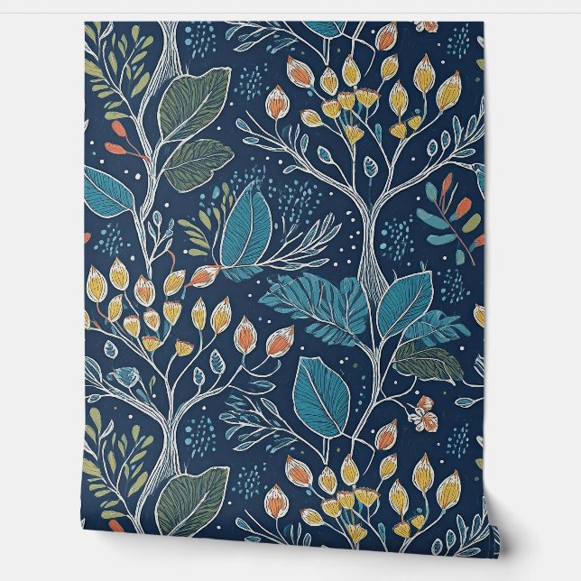 Midnight Garden Navy Botanical Wallpaper (Unrolling)