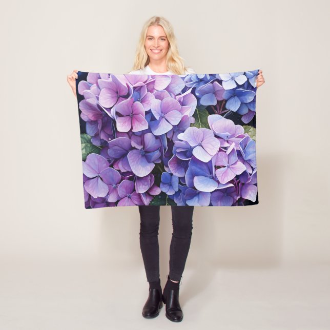 Midnight Garden Violet Hydrangea Watercolor Fleece Blanket (In Situ)