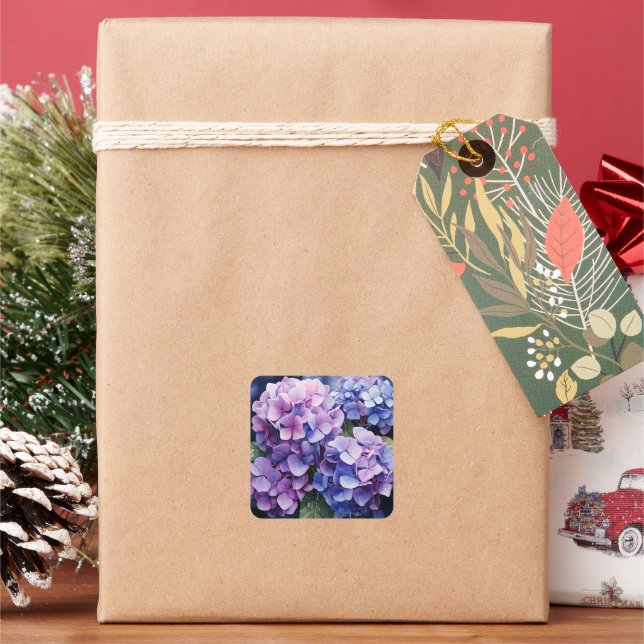 Midnight Garden Violet Hydrangea Watercolor Square Sticker (Holiday)