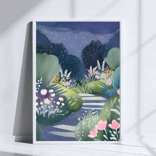 Midnight Garden   Watercolor Floral Path Poster