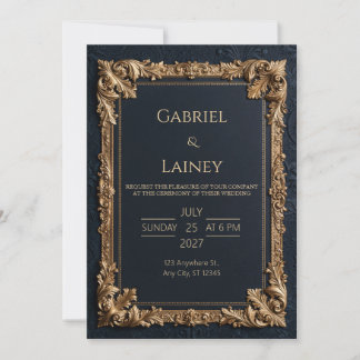 Midnight Gold Baroque Border Wedding Invitation