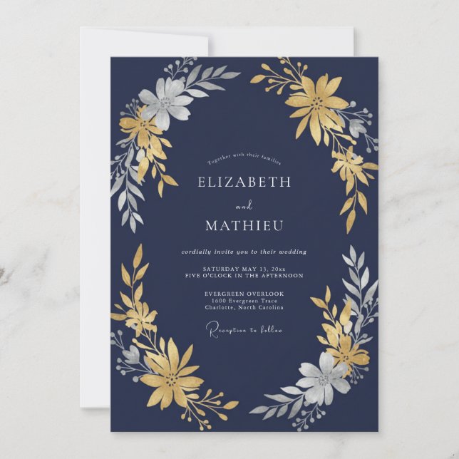 Midnight Gold Blossom Wedding Invitation (Front)