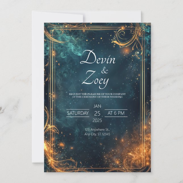 Midnight Gold Celestial Elegance Wedding Invitation (Front)