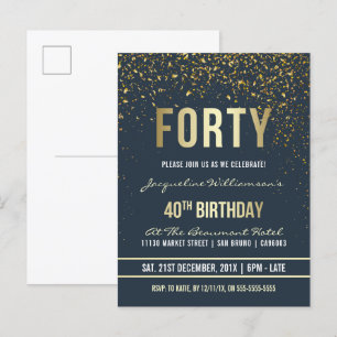 Midnight   Gold Confetti 40th Birthday Party Invitation Postcard