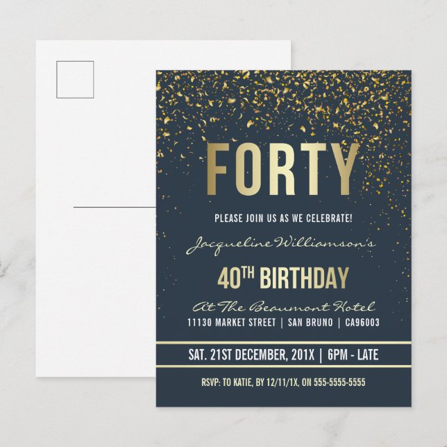 Midnight | Gold Confetti 40th Birthday Party Invitation Postcard (Front/Back)