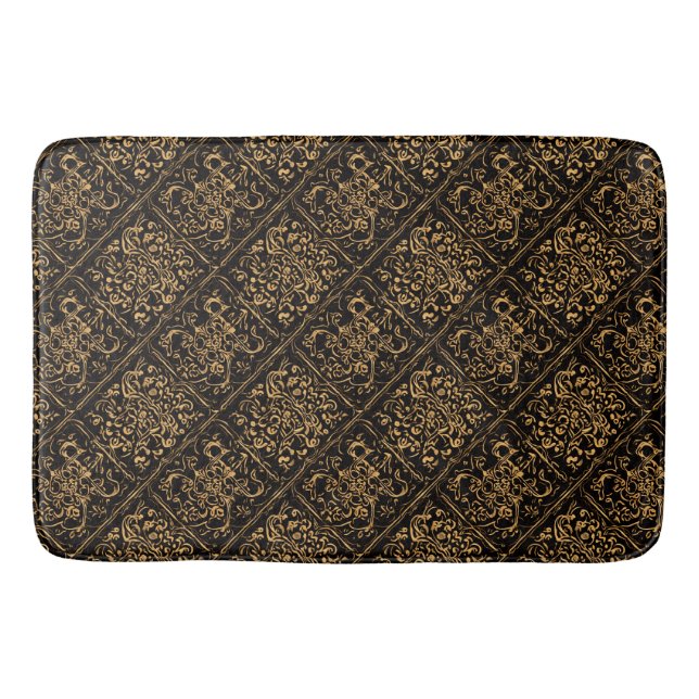 Midnight Gold Damask Elegance Bath Mat (Front)