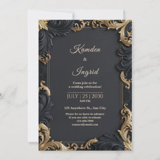 Midnight Gold Filigree Border Wedding Invitation