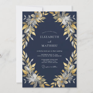 Midnight Gold Leafy Wedding Invitation