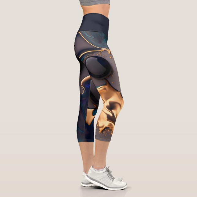 Midnight Gold Liquid Marble Capri Leggings (Right)