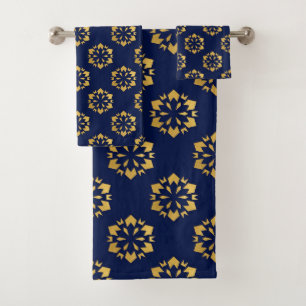 Midnight Gold: Luxe Geometric Pattern on Deep Blue Bath Towel Set