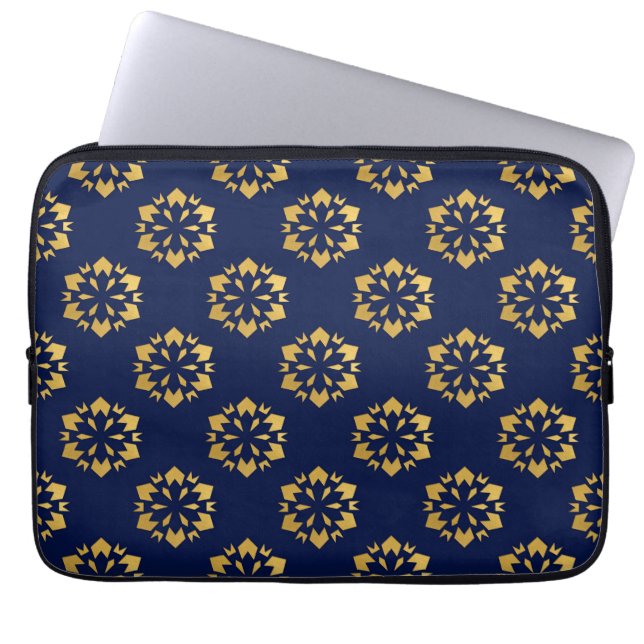 Midnight Gold: Luxe Geometric Pattern on Deep Blue Laptop Sleeve (Front)