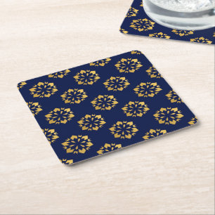 Midnight Gold: Luxe Geometric Pattern on Deep Blue Square Paper Coaster