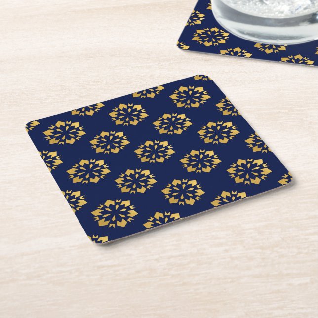 Midnight Gold: Luxe Geometric Pattern on Deep Blue Square Paper Coaster (Angled)