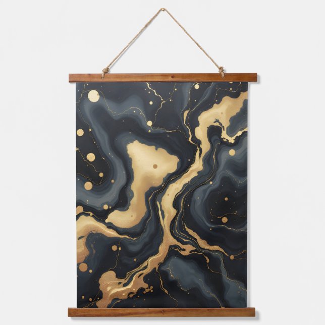 Midnight Gold Marble Art.Abstract Black And White  Hanging Tapestry (Front)