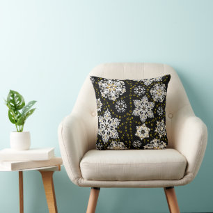 Midnight Golden Snowflakes Glam Cushion