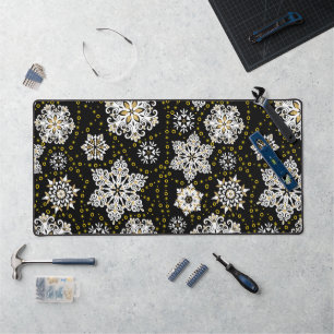 Midnight Golden Snowflakes Glam Desk Mat