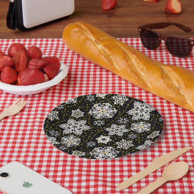 Midnight Golden Snowflakes Glam Paper Plate (Picnic)