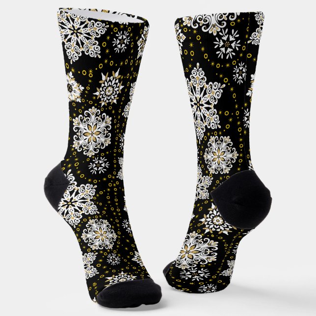 Midnight Golden Snowflakes Glam Socks (Angled)