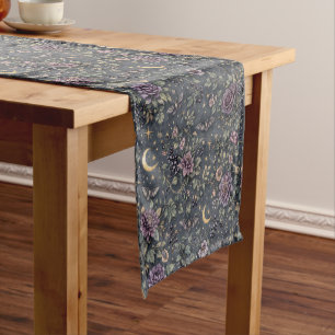 Midnight Gothic Floral Moon Celestial Illustration Short Table Runner