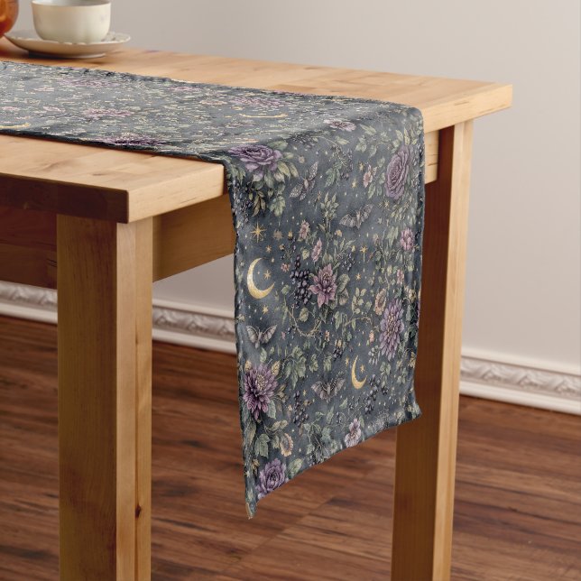 Midnight Gothic Floral Moon Celestial Illustration Short Table Runner (In Situ)