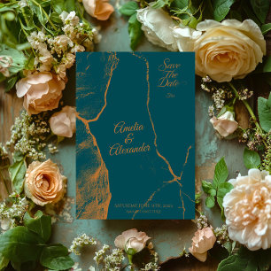 Midnight Green and Copper Marble Save the Date Invitation