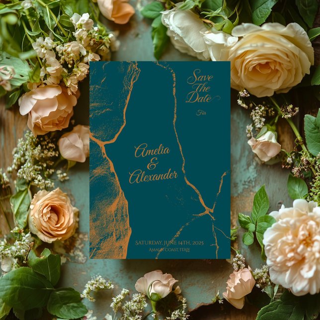 Midnight Green and Copper Marble Save the Date Invitation (Creator Uploaded)