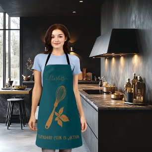 Midnight Green Apron with Copper Whisk and Herb