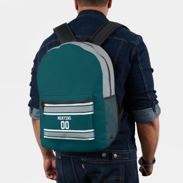 Midnight Green Silver White Sports Team Name Printed Backpack (Insitu (Model))