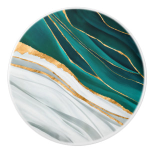 Midnight Green, Turquoise and gold watercolor Ceramic Knob