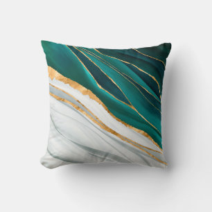 Midnight Green, Turquoise and gold watercolor Cushion