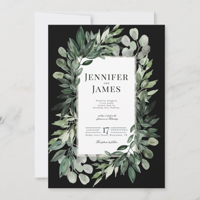 Midnight Greenery, Watercolour foliage pattern Invitation (Front)