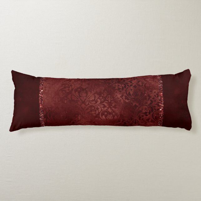 Midnight Henna Romance | Red Satiny Grunge Damask Body Cushion (Front)