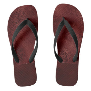 Midnight Henna Romance Red Satiny Grunge Damask Flip Flops
