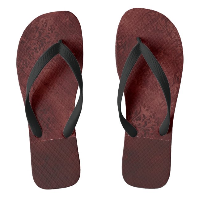 Midnight Henna Romance | Red Satiny Grunge Damask Flip Flops (Footbed)