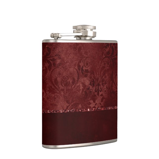 Midnight Henna Romance | Red Satiny Grunge Damask Hip Flask (Right)