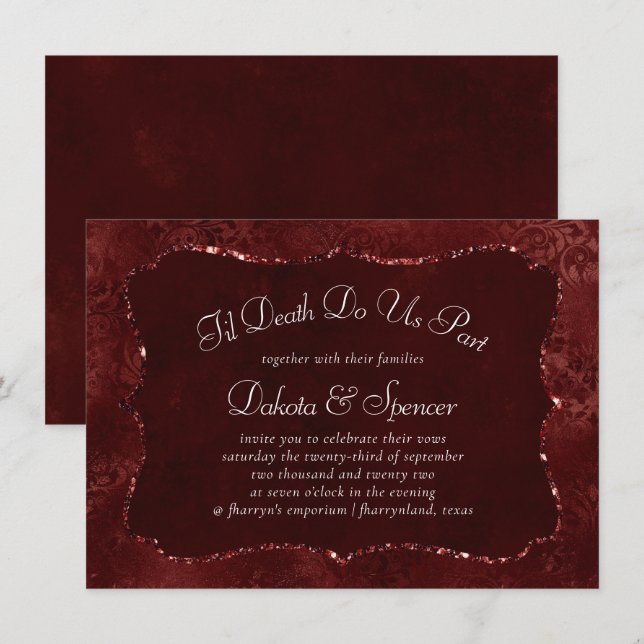 Midnight Henna Romance | Red Satiny Grunge Damask Invitation (Front/Back)