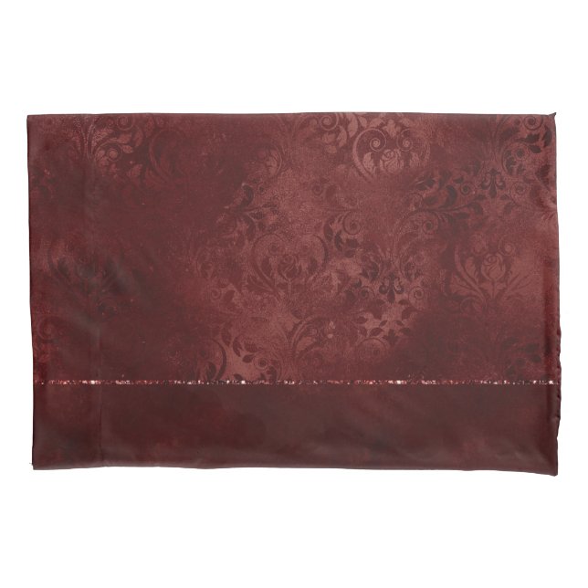 Midnight Henna Romance | Red Satiny Grunge Damask Pillowcase (Front)
