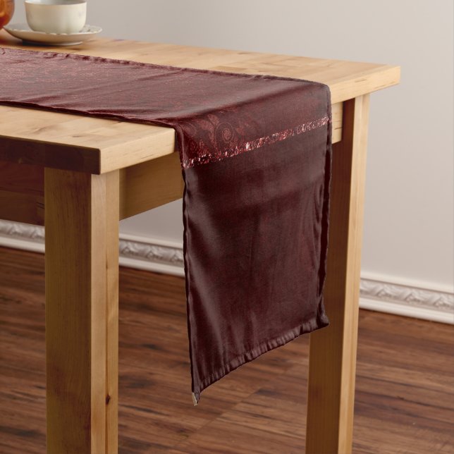 Midnight Henna Romance | Red Satiny Grunge Damask Short Table Runner (In Situ)