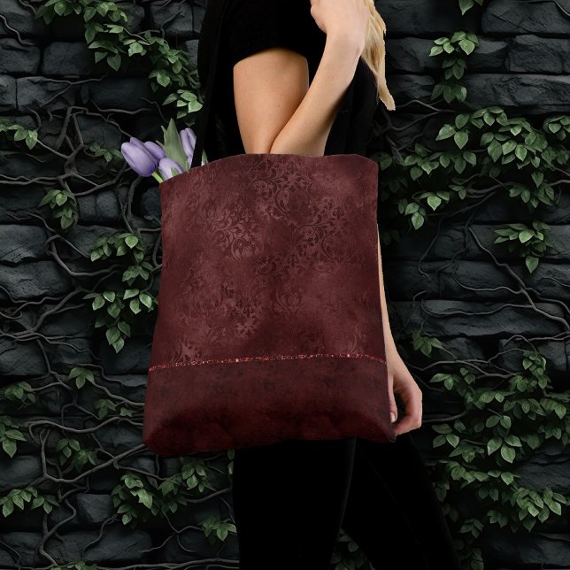 Midnight Henna Romance | Red Satiny Grunge Damask Tote Bag (Creator Uploaded)