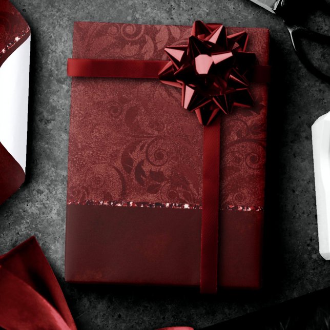 Midnight Henna Romance | Red Satiny Grunge Damask Wrapping Paper (Creator Uploaded)