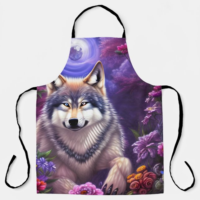 Midnight Howl Floral Wolf Apron (Front)