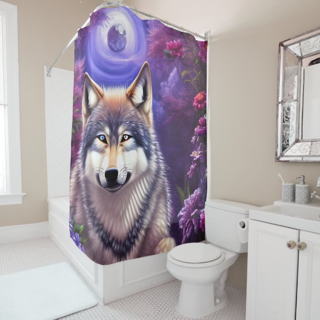 Midnight Howl Floral Wolf Shower Curtain (In Situ)