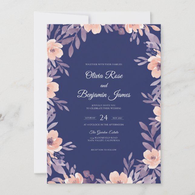 Midnight Indigo Leaf Wedding Invitation (Front)