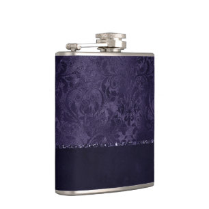 Midnight Indigo Romance Satiny Grunge Damask Hip Flask