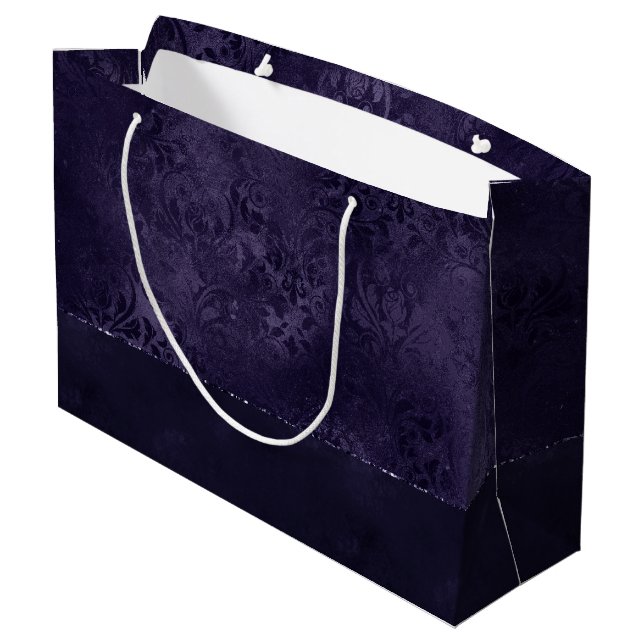 Midnight Indigo Romance | Satiny Grunge Damask Large Gift Bag (Back Angled)