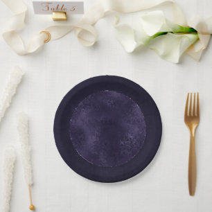 Midnight Indigo Romance Satiny Grunge Damask Paper Plate